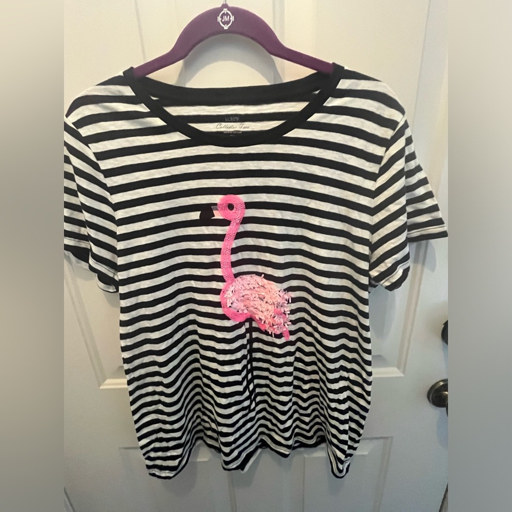 EUC Women’s J. Crew Sequin Flamingo Striped Collectors Tee, Size XL